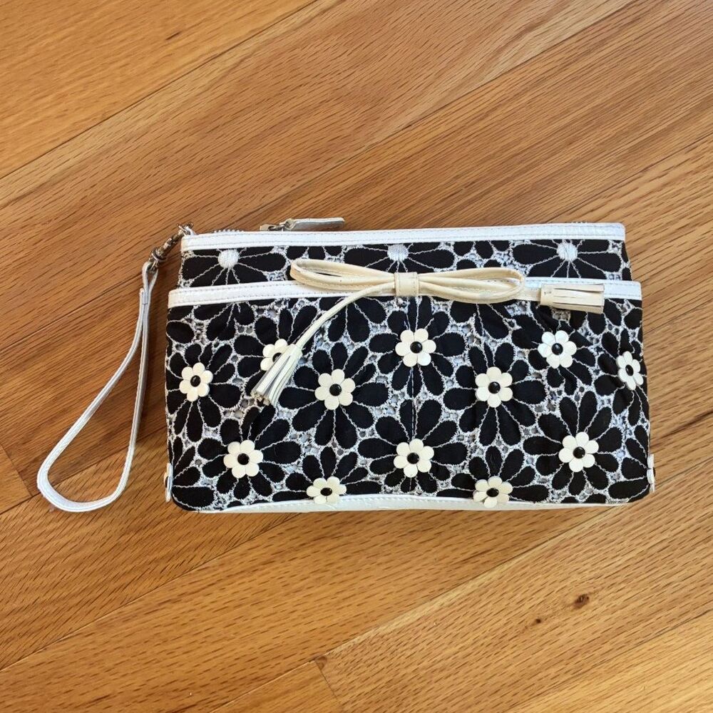 Isabella Fiore Black/White Floral Embroidered Clutch with Wrist Strap